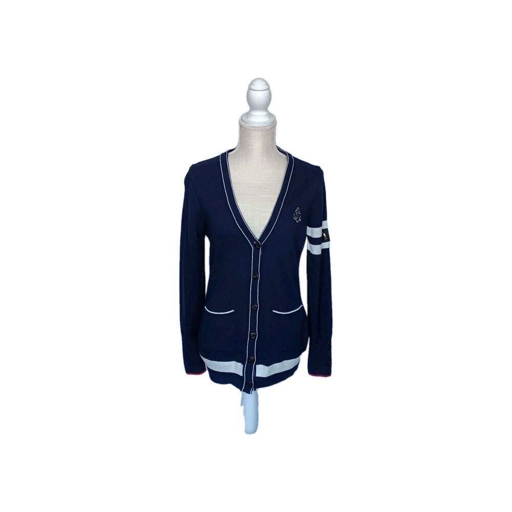 Marina Yachting Size S Navy Blue/Red White Button Front Wool Blend Cardigan